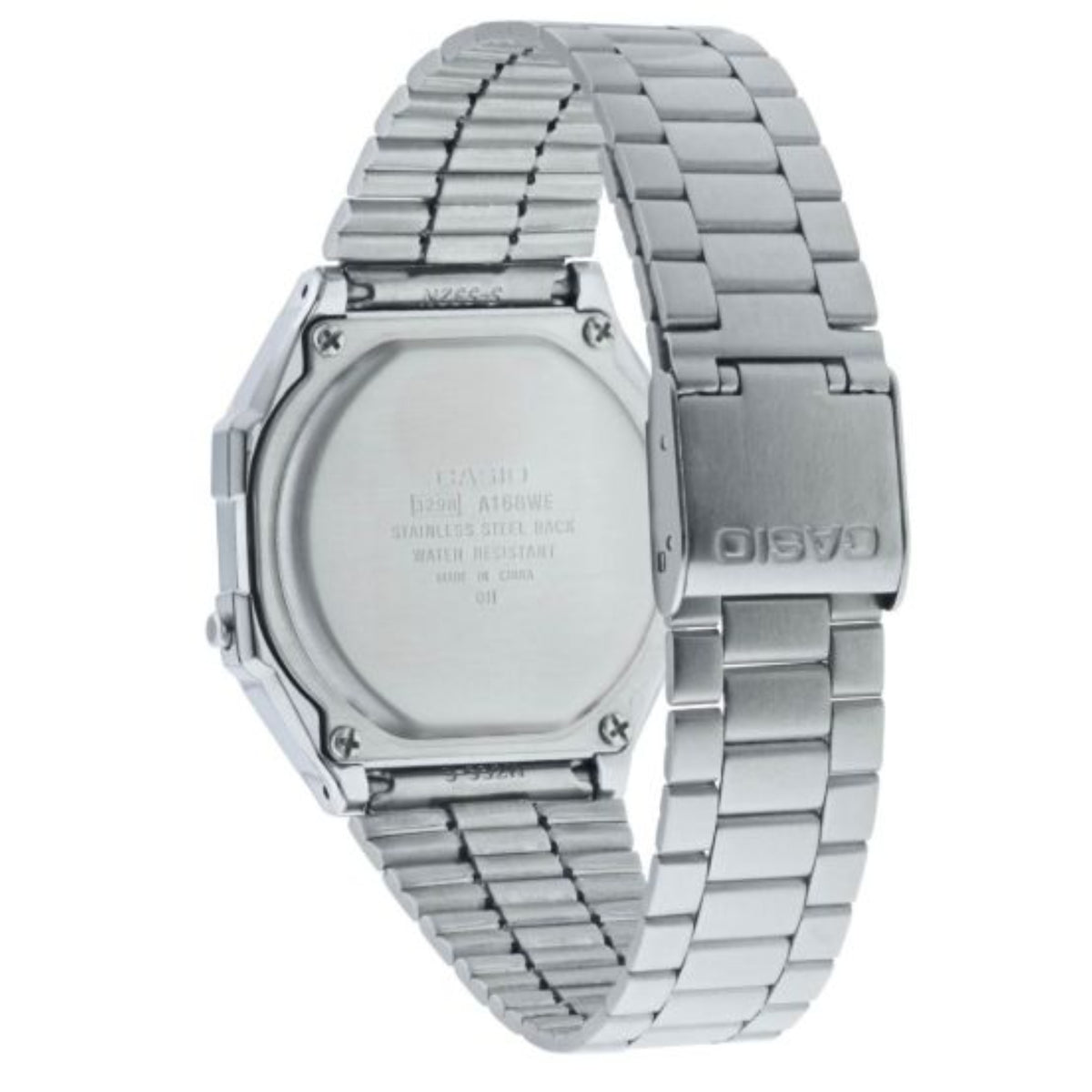 Rear view showcasing the stainless steel case backplate and adjustable fold-over clasp of the Casio Vintage Iconic A168WEM-2BEF