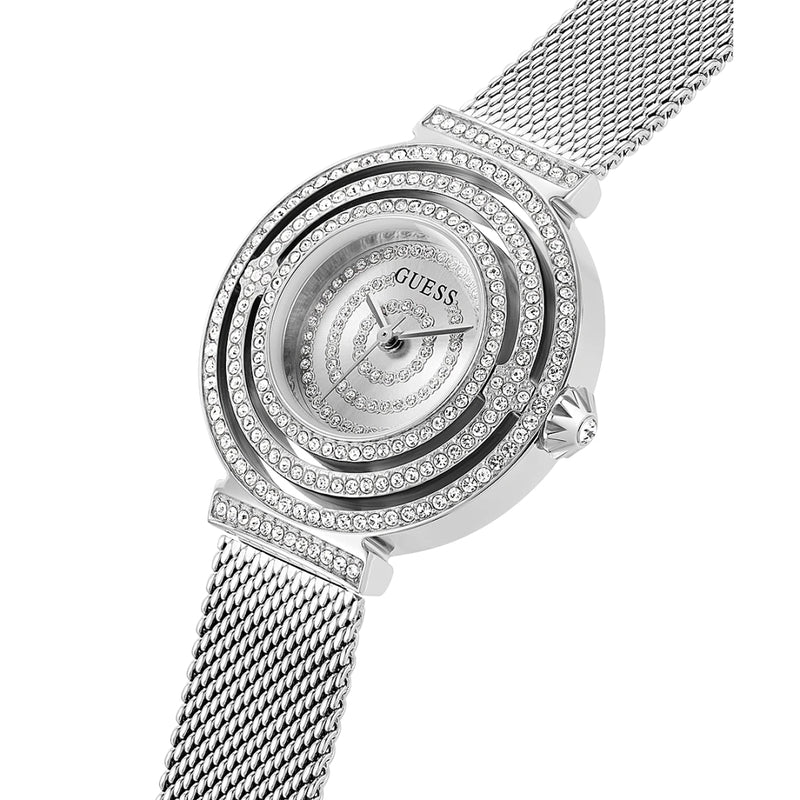 Women's Guess crystal bezel dial steel mesh strap watch, silver-tone