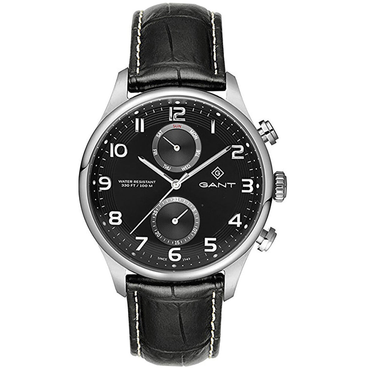 Men's quartz chronograph watch with black leather strap, black dial, silver case