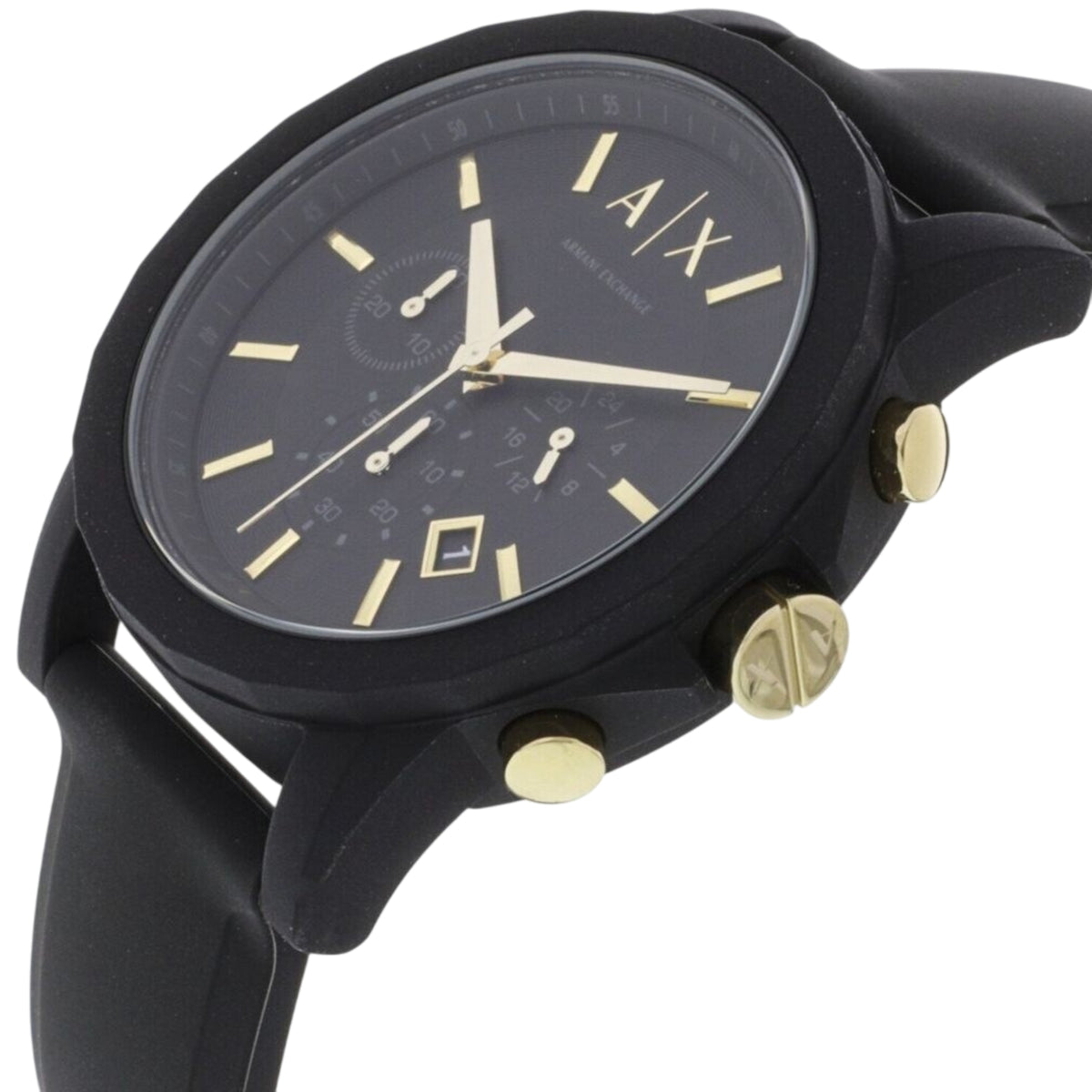 Armani Exchange black chronograph watch with gold accents on dark dial and black rubber strap