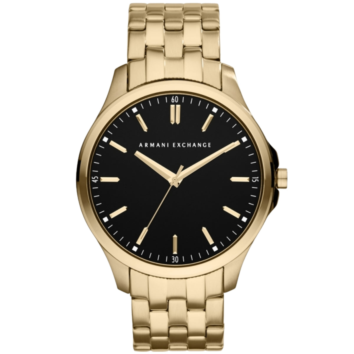 Armani Exchange Hampton AX2145 front view showing black dial with gold tone hour markers and steel bracelet