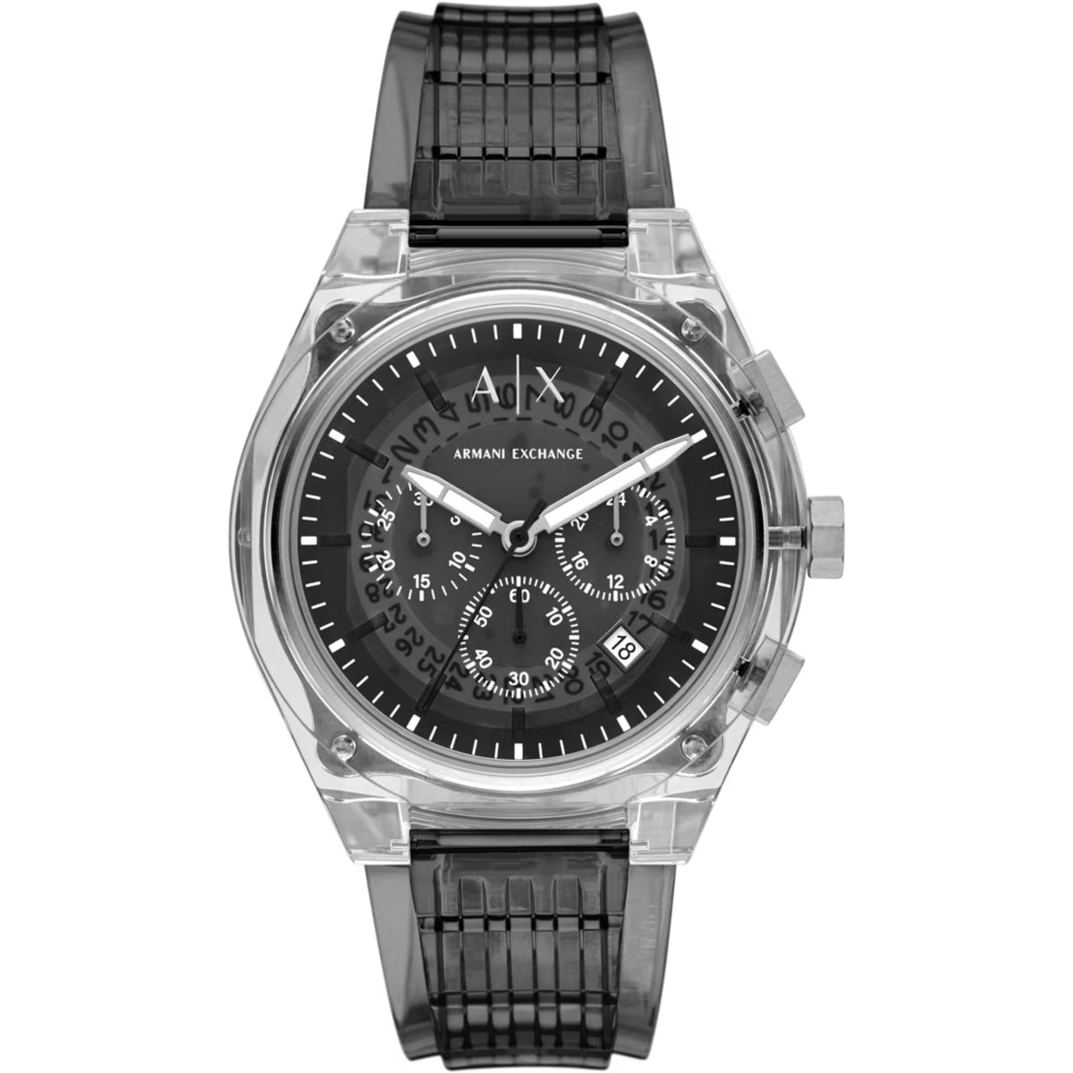Armani Exchange Rafael AX4167 front view showing grey chronograph dial with sub-dials and translucent polyurethane strap