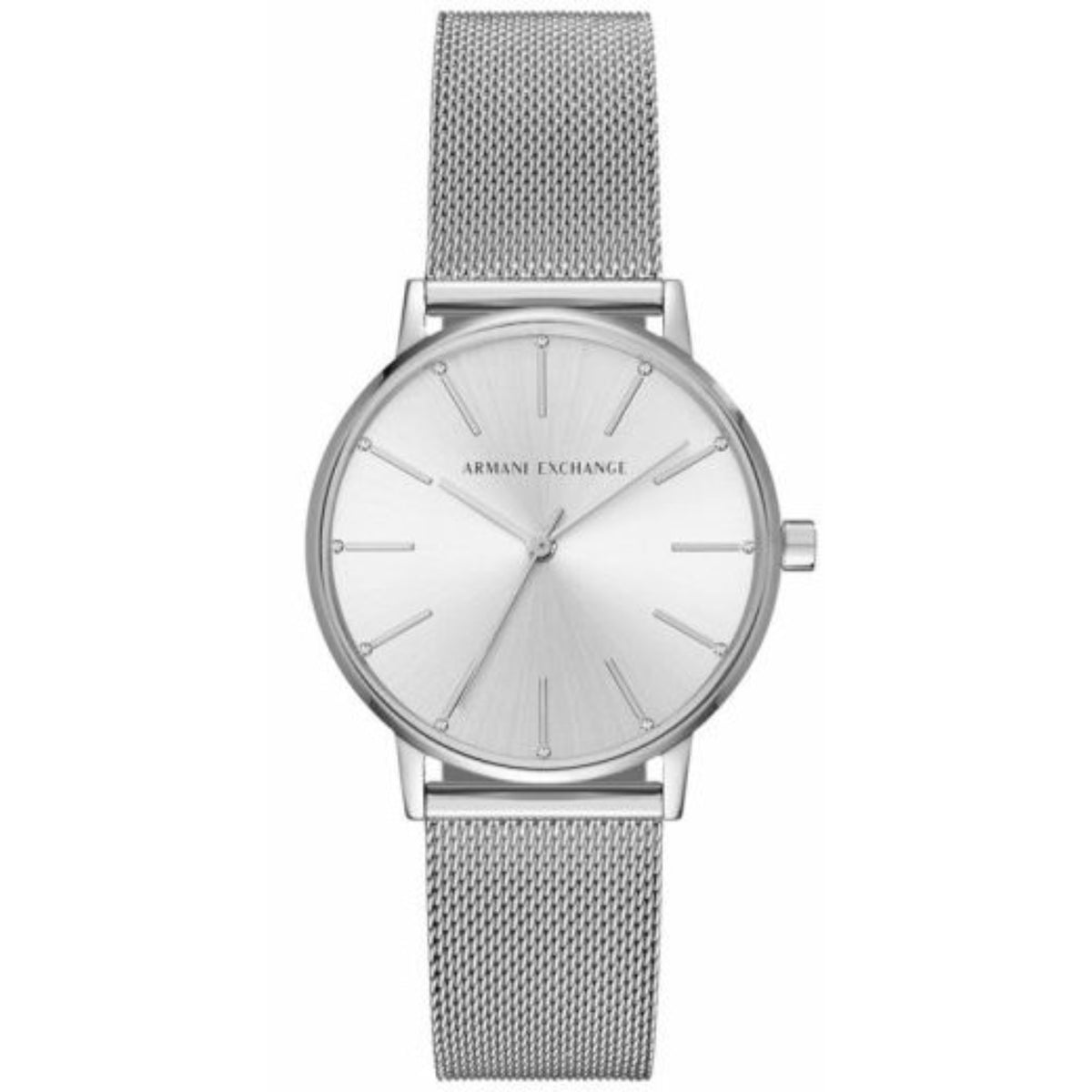 Silver stainless steel quartz watch with mesh bracelet and white dial, round 36mm case