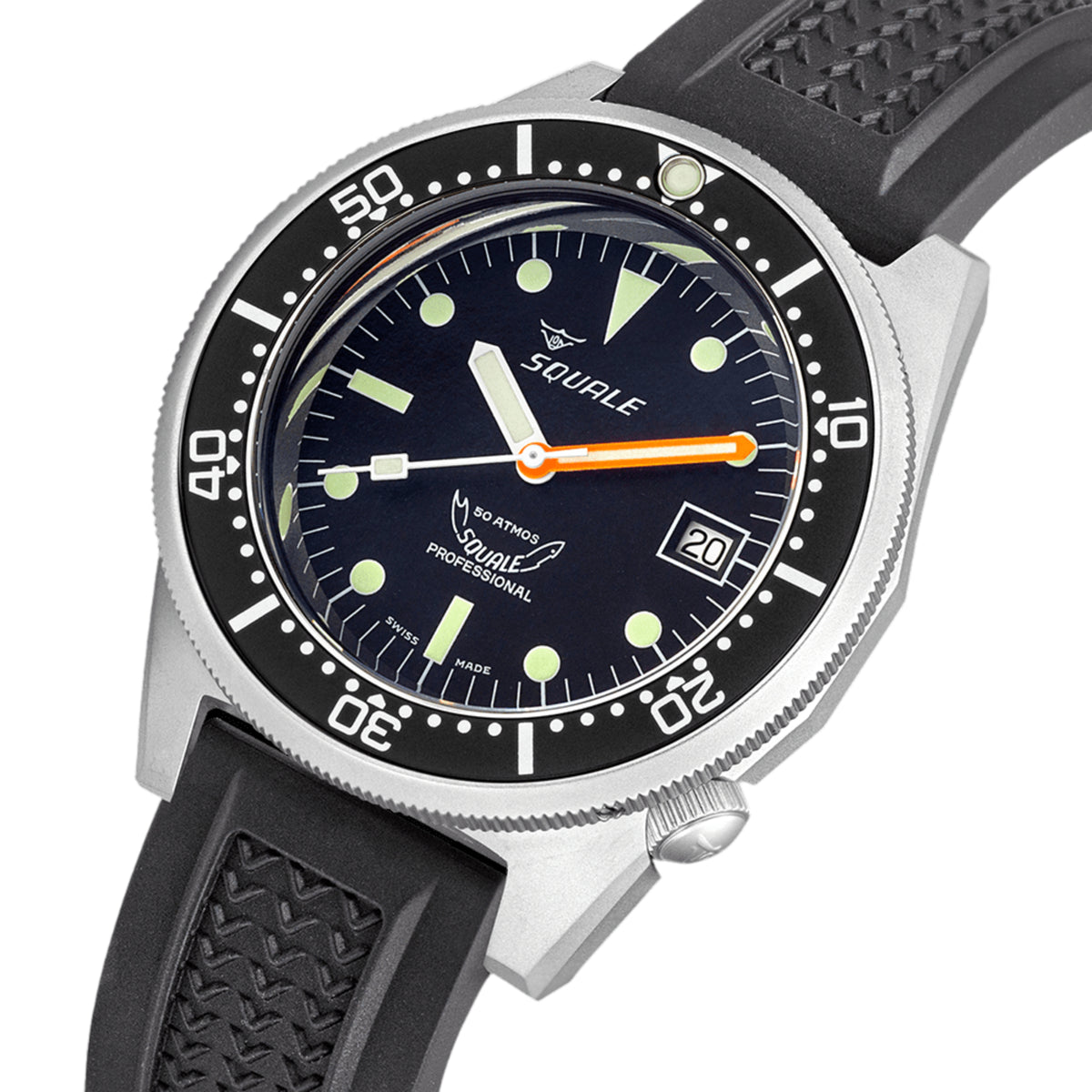 Men's dive watch close-up: black dial with lume dots, orange hands, black rubber strap