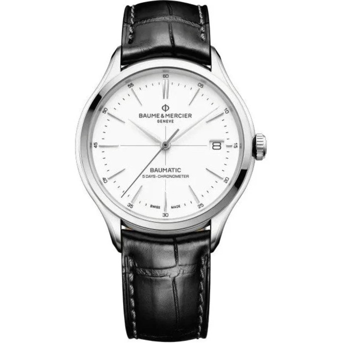 Men's automatic watch with white dial and black leather strap, round silver case