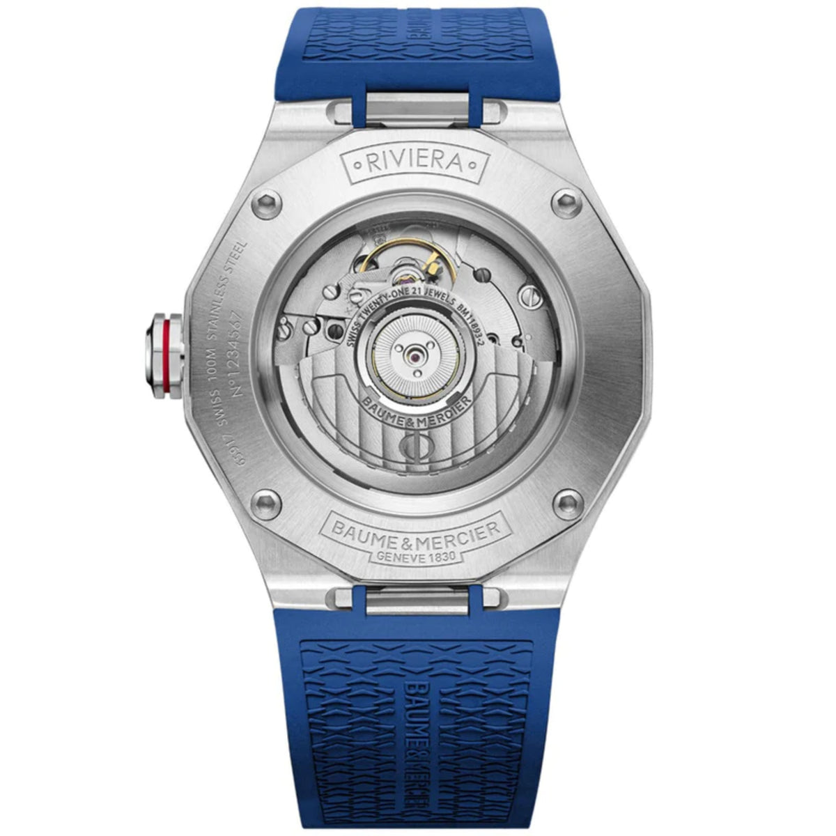Men's blue GMT automatic watch caseback with exposed movement and blue rubber strap