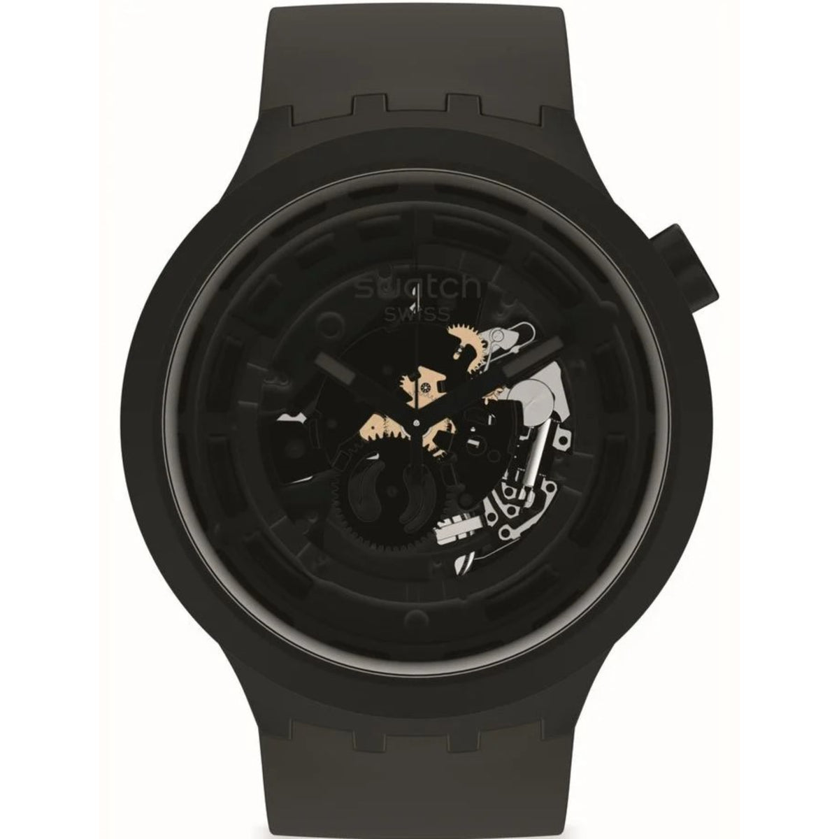 Swatch black silicone quartz watch with round skeleton dial and chunky black bezel