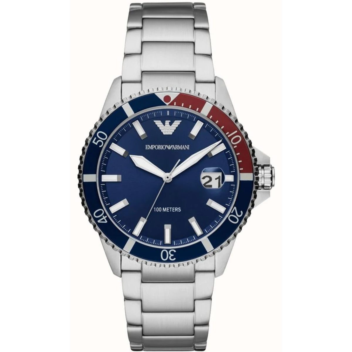 Men's diver quartz watch with blue dial, steel bracelet and rotating bezel, date window