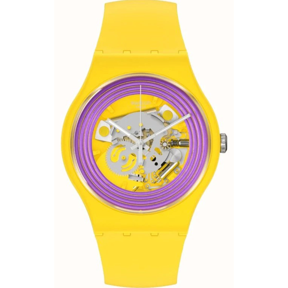 Yellow quartz wristwatch with purple ring dial and visible mechanical skeleton movement