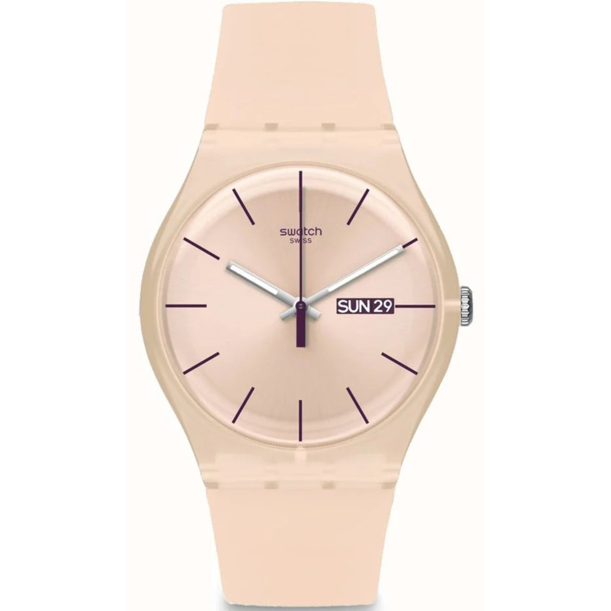 Ladies Swatch pink Rebel watch with round pink dial and silicone strap, Sun 29 date
