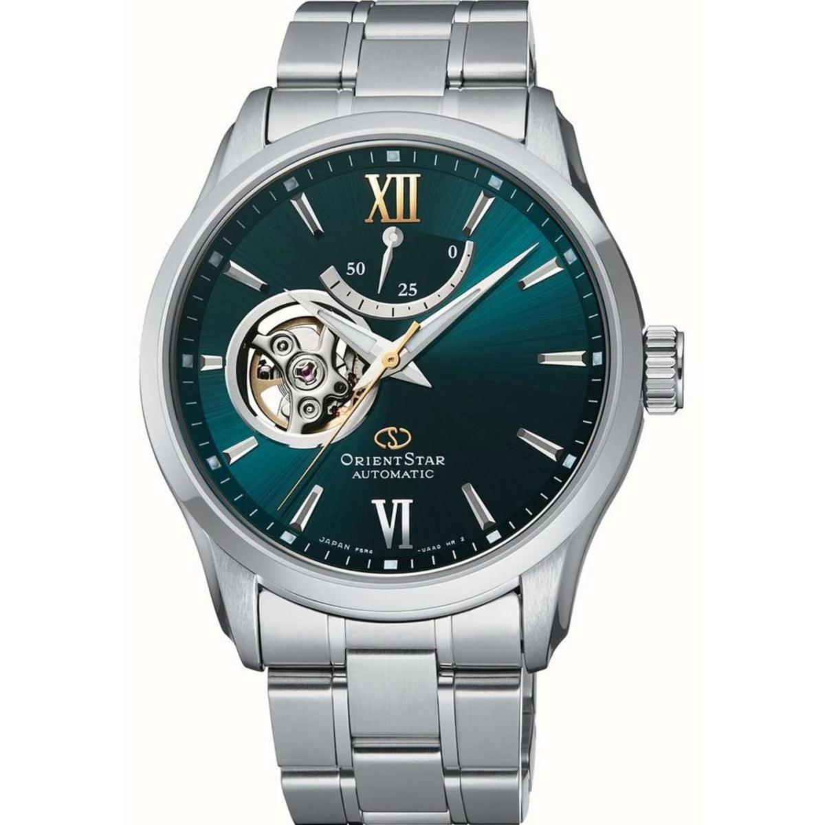 Stainless steel automatic watch with green dial, skeleton window, Roman numerals, power reserve