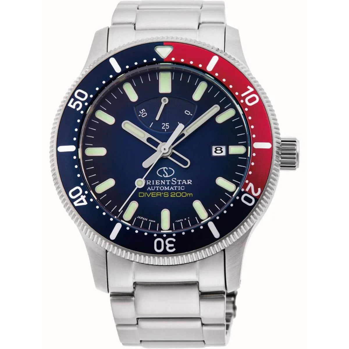 Orient Star men's automatic diver watch, blue dial with luminous markers, steel bracelet