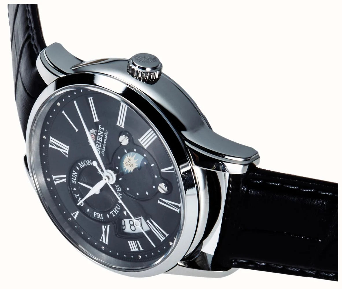 Men's mechanical watch angled view, black dial with Roman numerals, leather strap