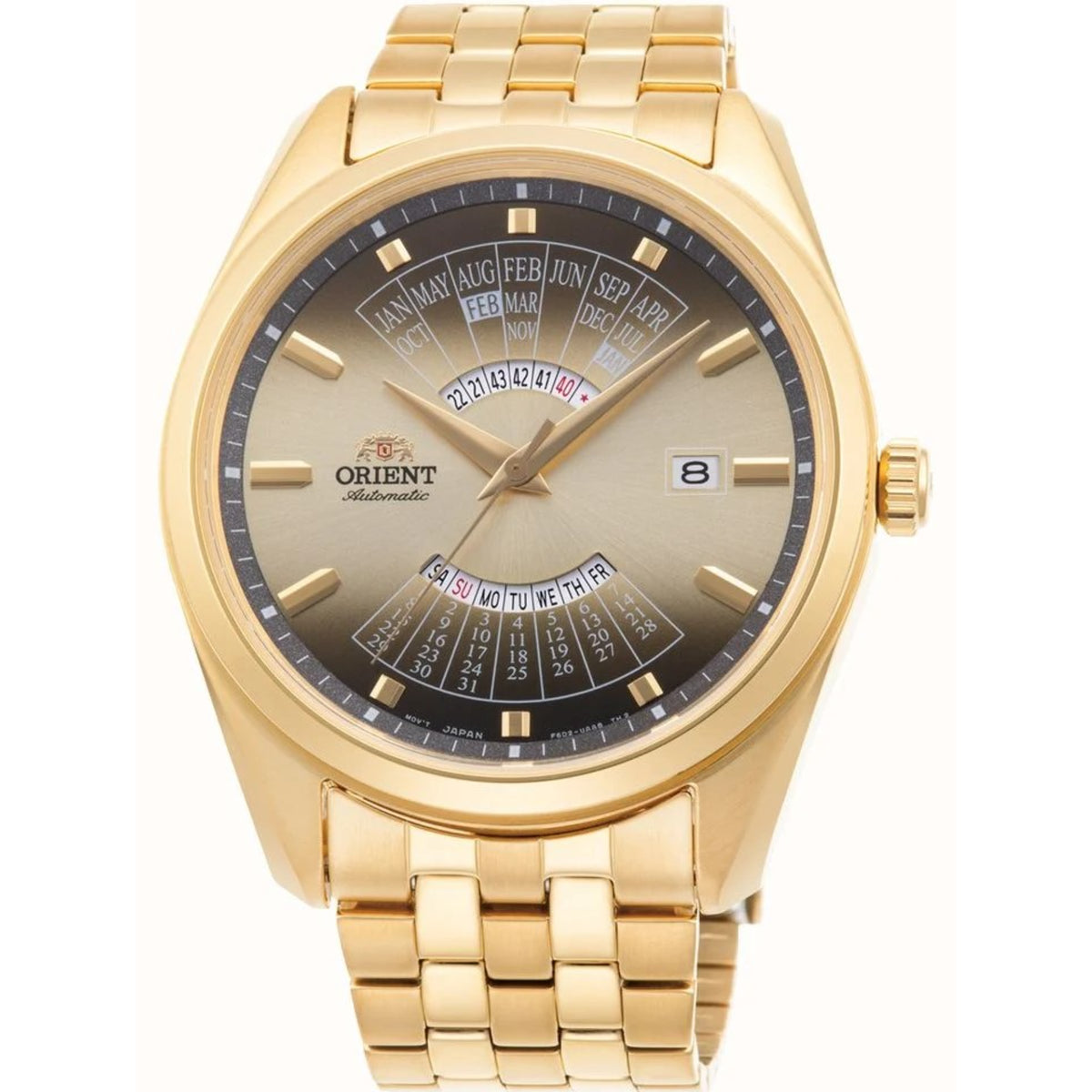 Men's automatic watch with champagne dial, gold-tone steel bracelet, date window