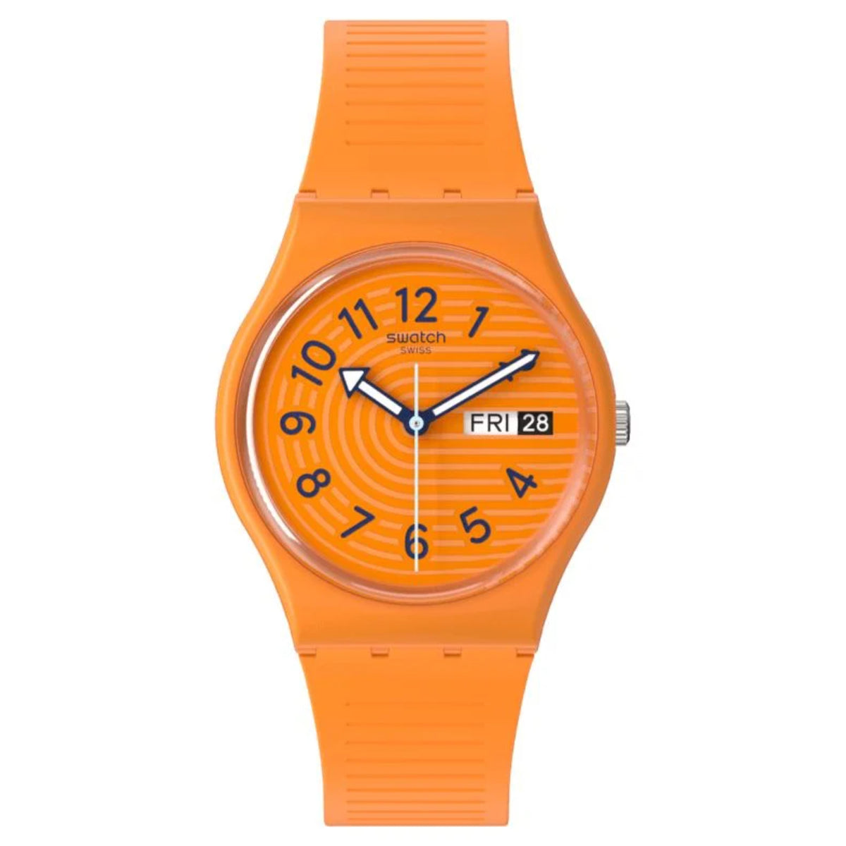Orange silicone strap watch with round orange dial, black hands, and numeral markers
