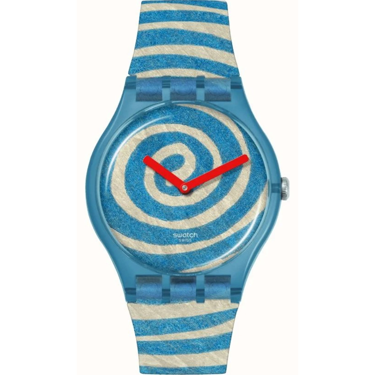 Silicone strap watch with blue dial and tan spiral artwork, red hands