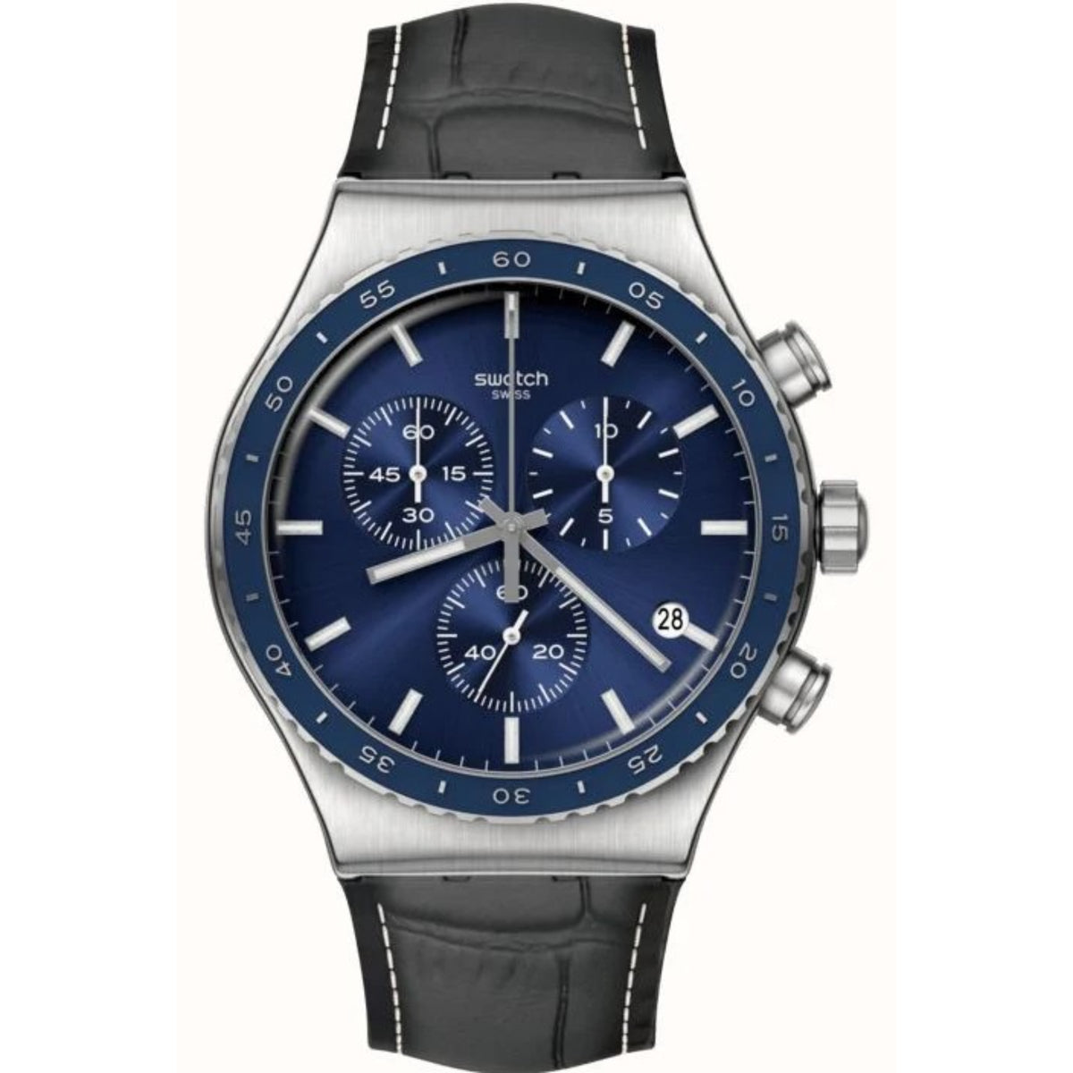 Stainless steel chronograph watch with blue dial, leather strap, pushers and date window