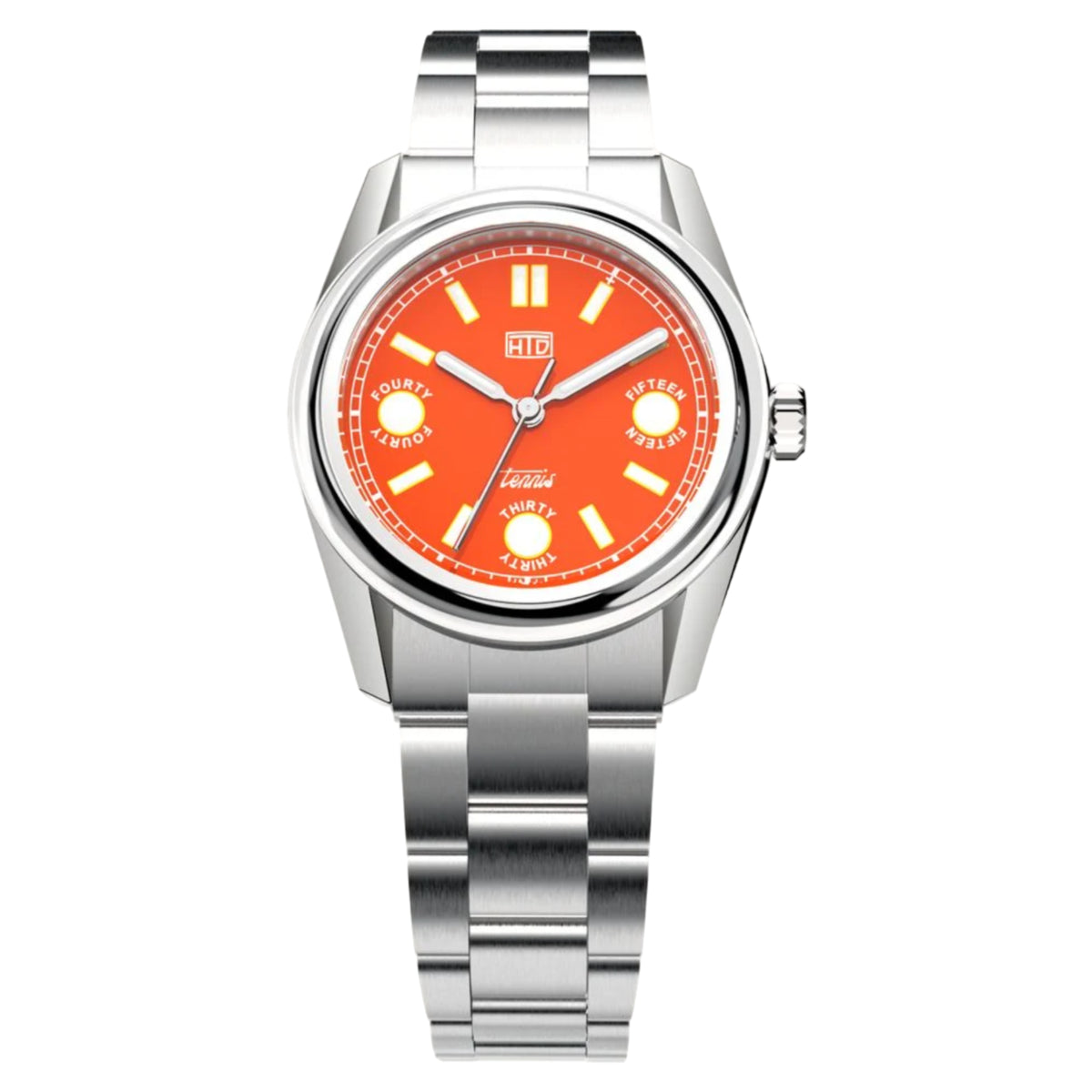 Orange dial steel sports watch with round case and metal link bracelet