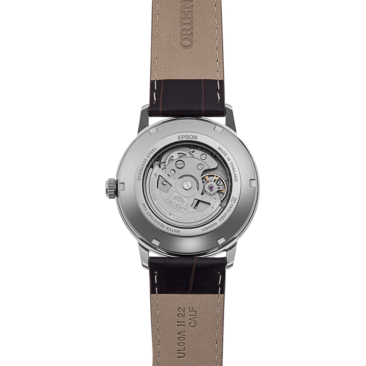 Orient RA-AC0F13E30B exhibition caseback revealing automatic movement