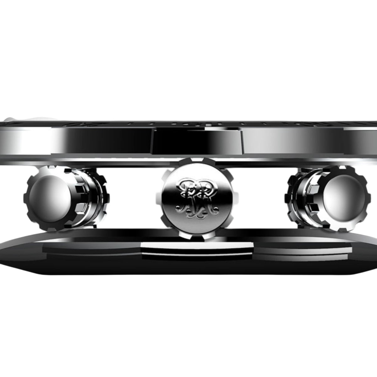 Steel chronograph watch caseback with three round pushers and central emblem