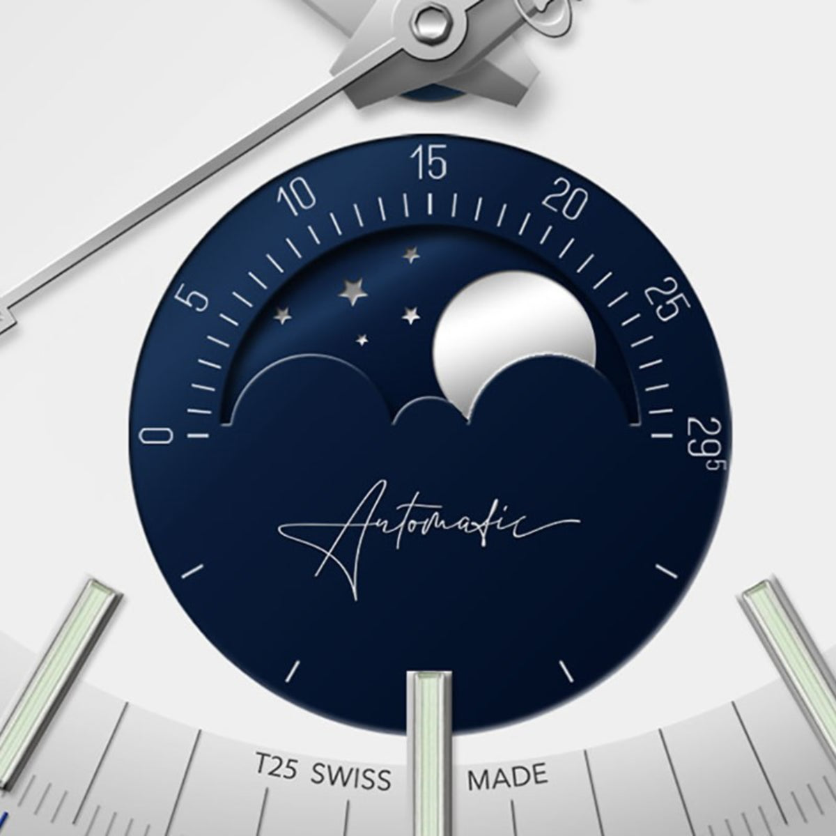 Men’s watch dial with blue moon phase calendar and star pattern over white ring