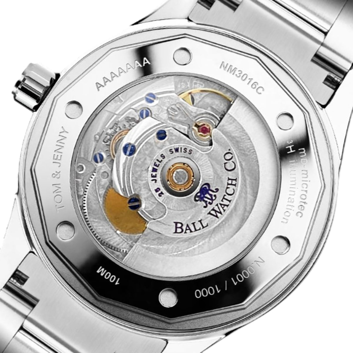 Stainless steel watch case back with visible Swiss movement and BALL branding