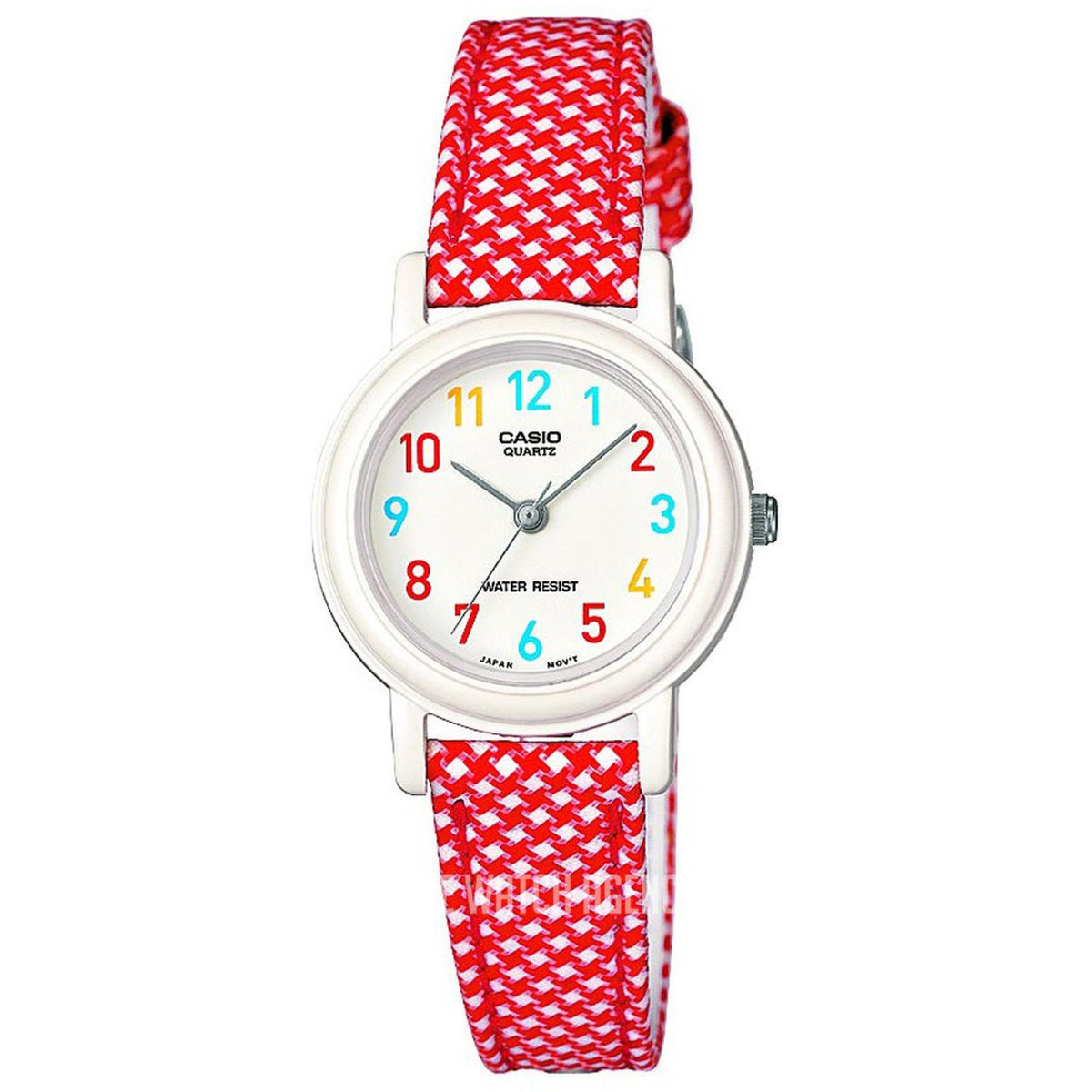 CASIO children's quartz watch with red woven strap and multicolour dial, round silver case