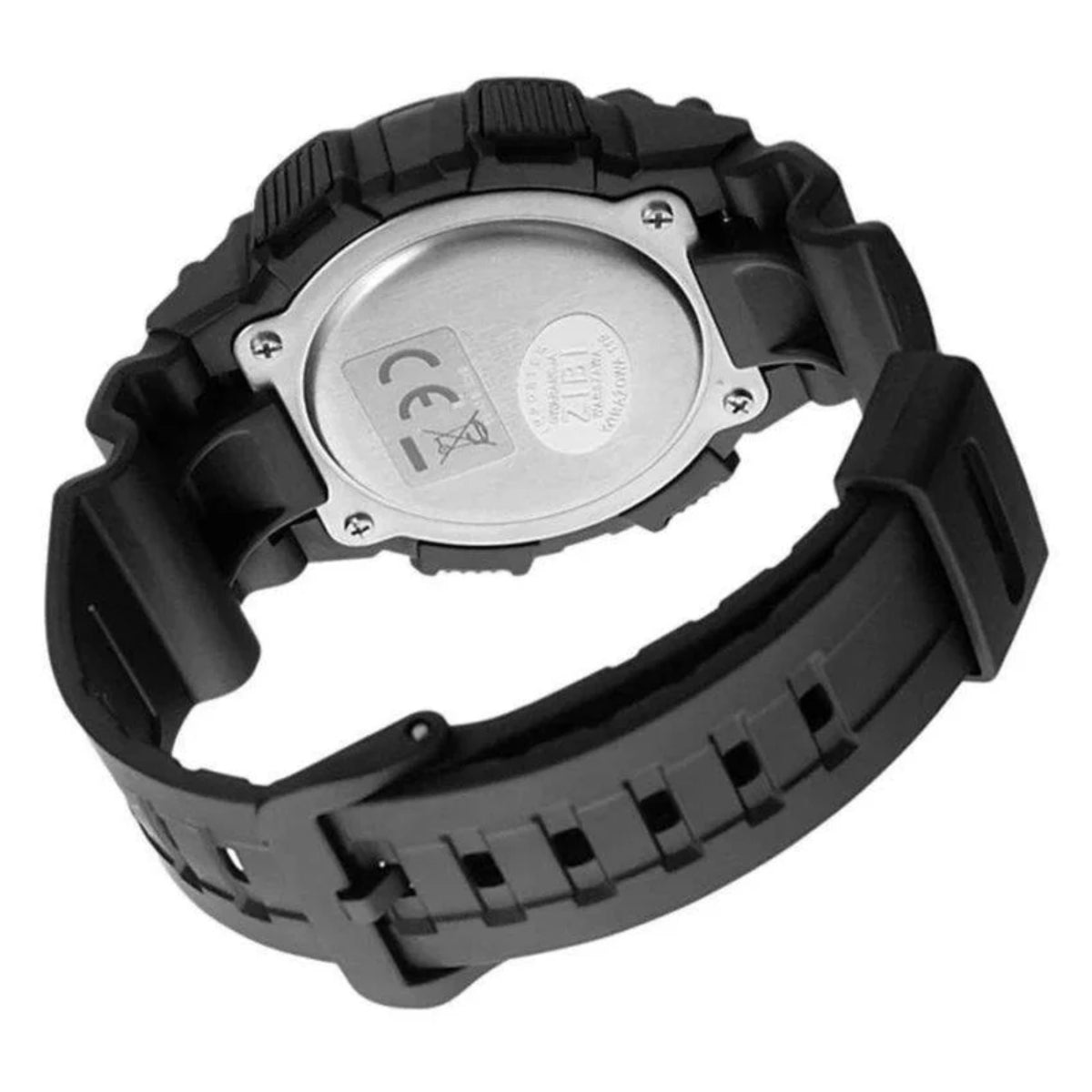 Casio black resin watch W-735H-1AVEF strap and silver case back with screw details