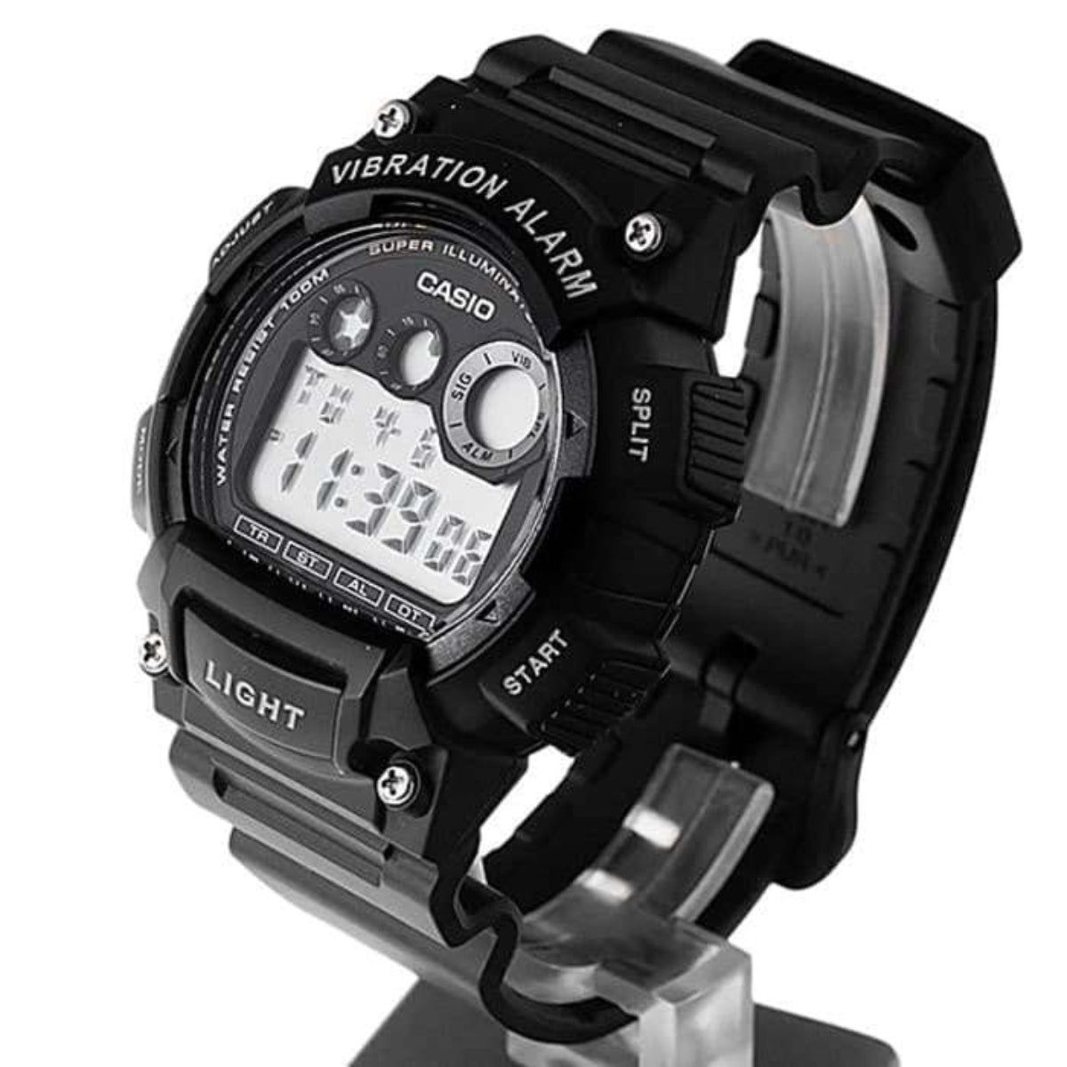 Casio Collection resin digital watch with silver case, LCD display, vibration alarm, and LIGHT button