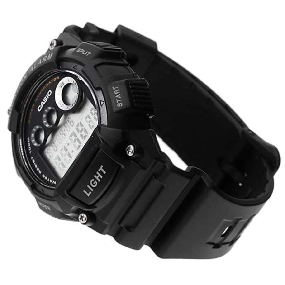 Casio Collection black resin digital watch W-735H-1AVEF side view with START and LIGHT buttons