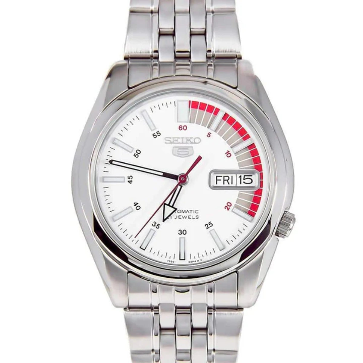 Seiko 5 Automatic mens watch SNK369K1 front view with stainless steel case, multi-link bracelet, and white dial featuring a prominent red and silver minute track sector