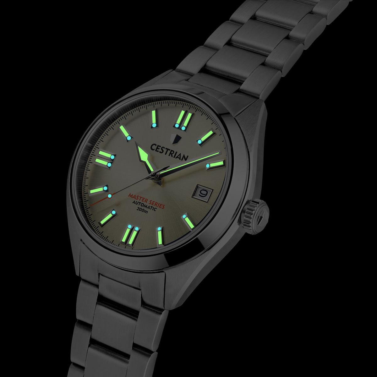 Men's steel automatic watch, angled view: dark dial with green luminous markers and bracelet.
