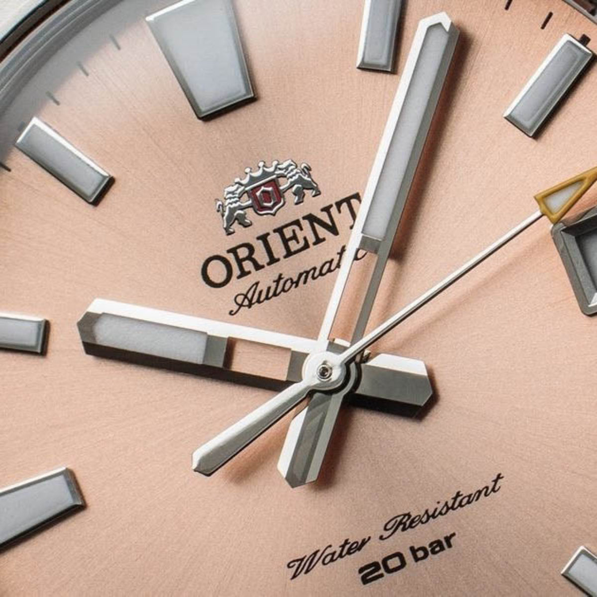 Macro close-up of an Orient Mako watch dial showcasing