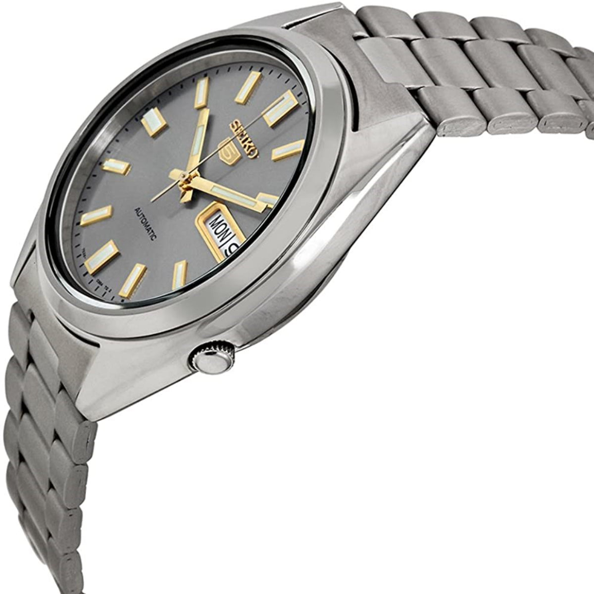 Seiko 5 mens watch SNXS75K1 side view with light grey dial, gold markers, and steel bracelet
