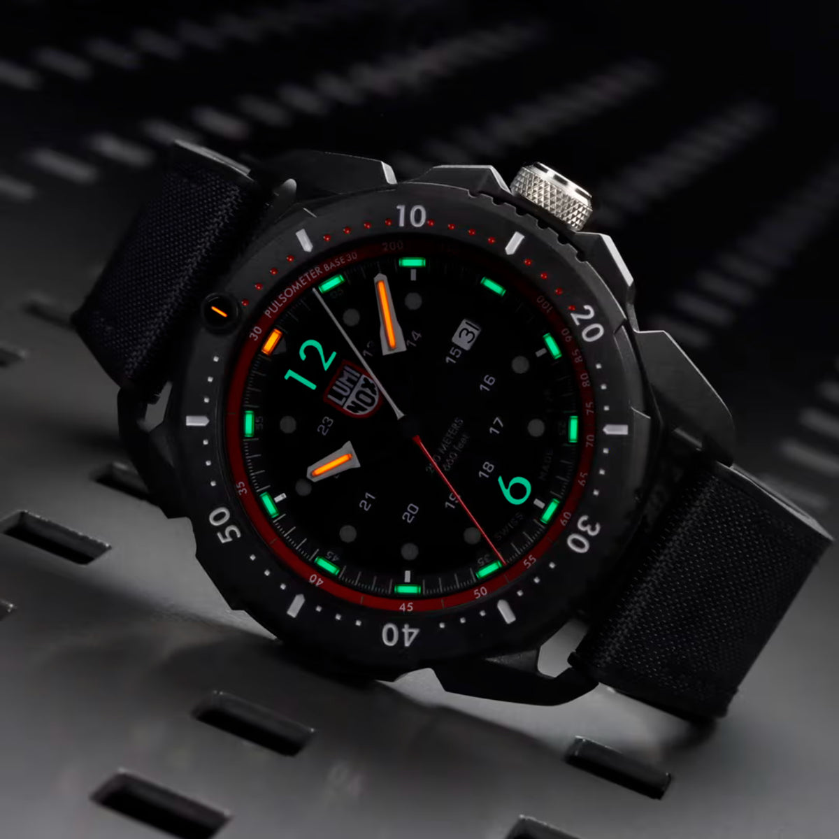 Luminox blackout tactical watch displaying self-powered tritium illumination tubes in low light
