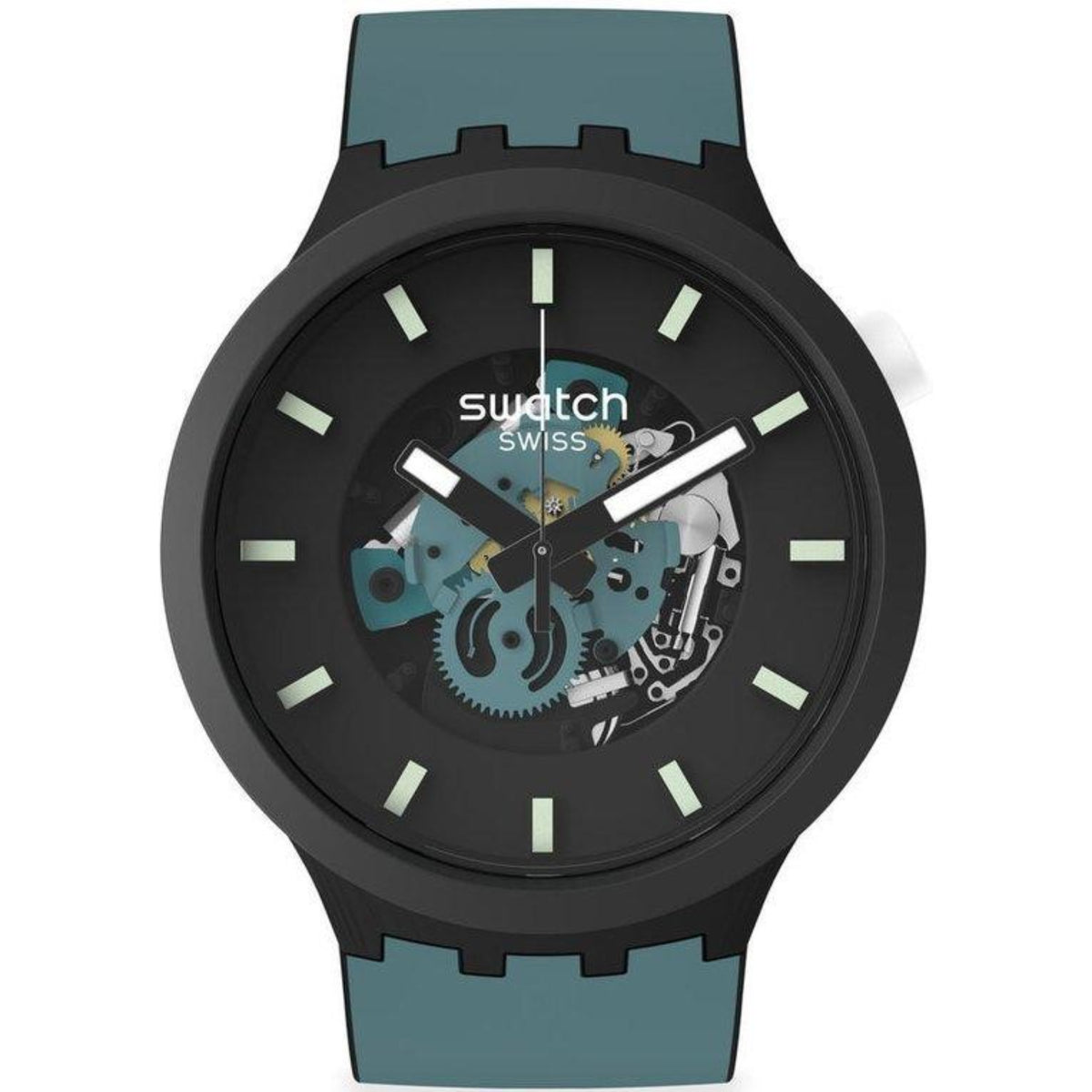 Black dial quartz watch with teal silicone strap, skeleton hands, luminous hour markers