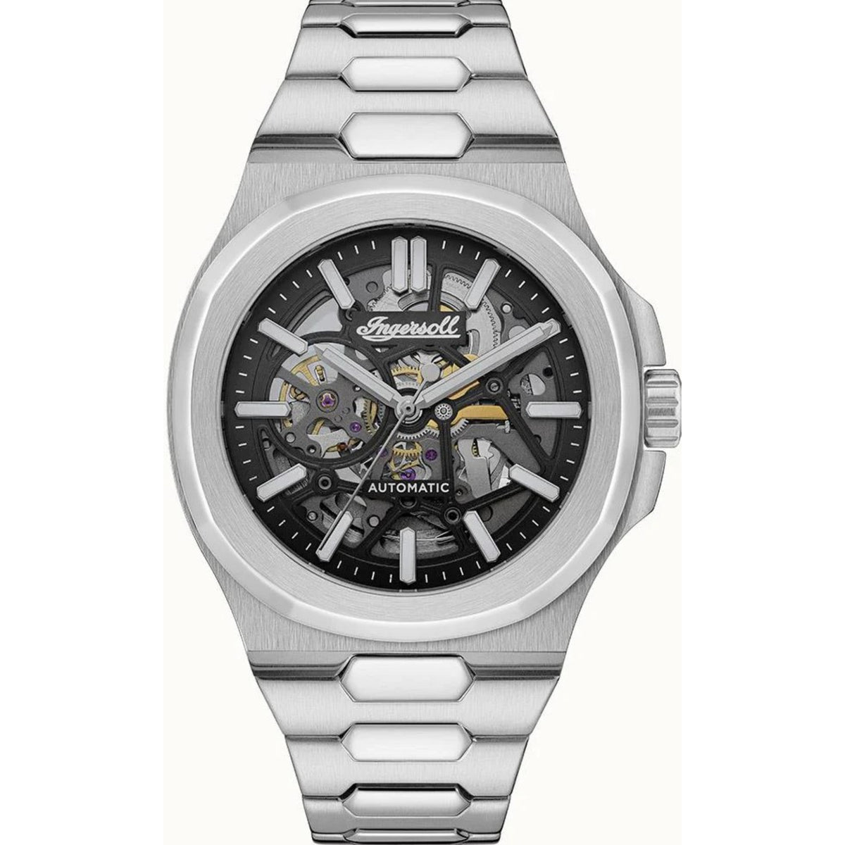 Men's automatic watch with black dial, stainless steel bracelet, skeleton-style hands and markers.