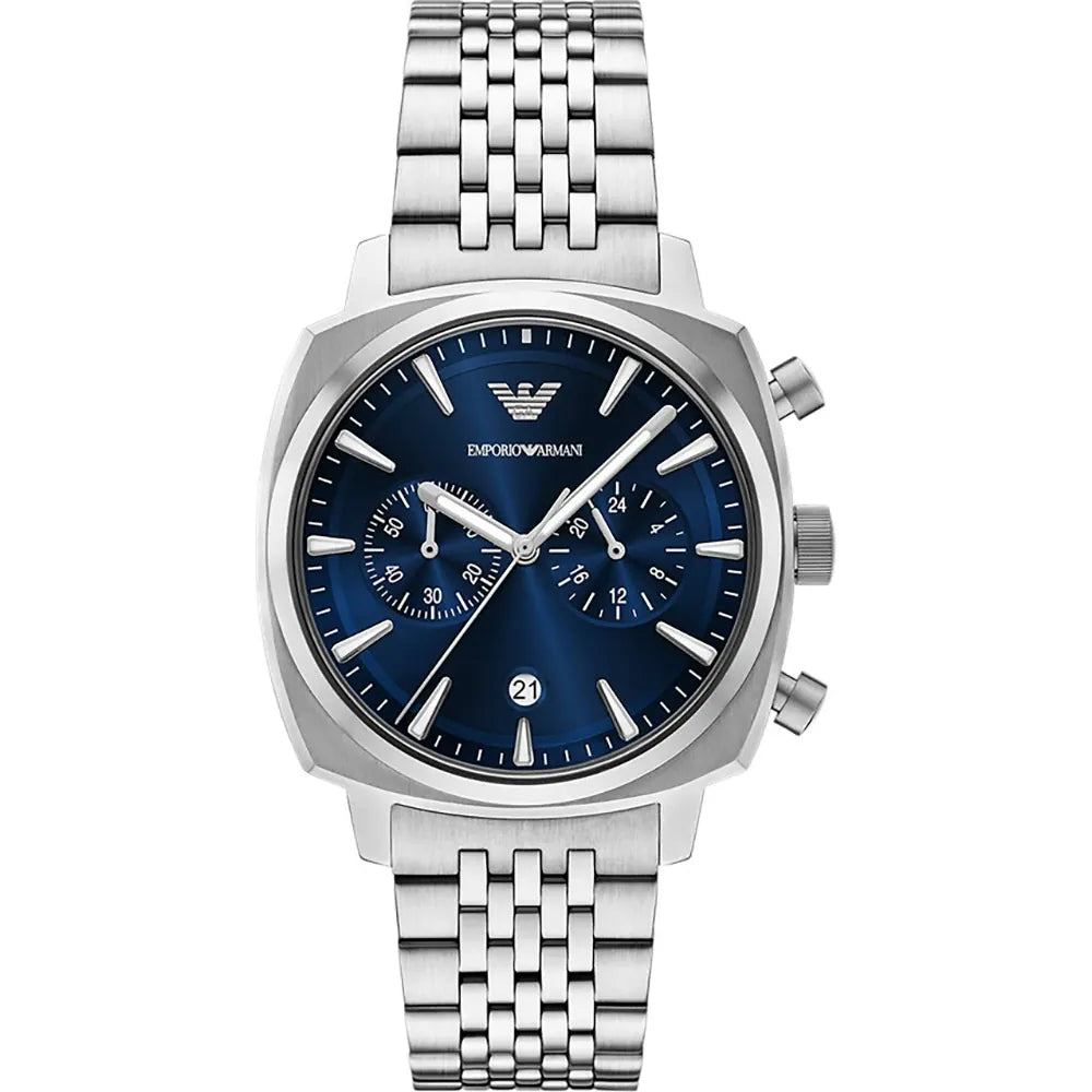 Emporio Armani Carlo AR11688 mens chronograph watch featuring a blue dial, stainless steel case, and multi-link bracelet