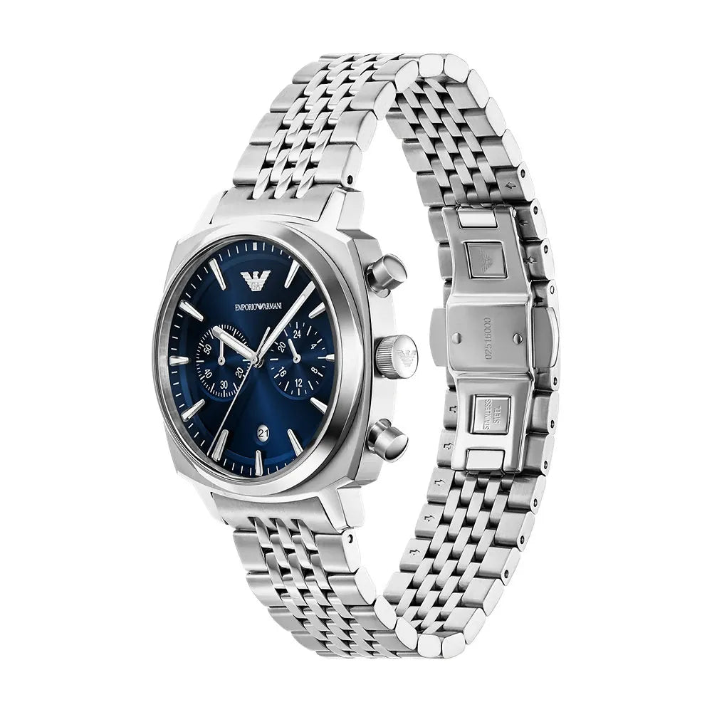Angled view of the Emporio Armani Carlo AR11688 mens quartz chronograph watch showcasing the blue dial and steel bracelet link details