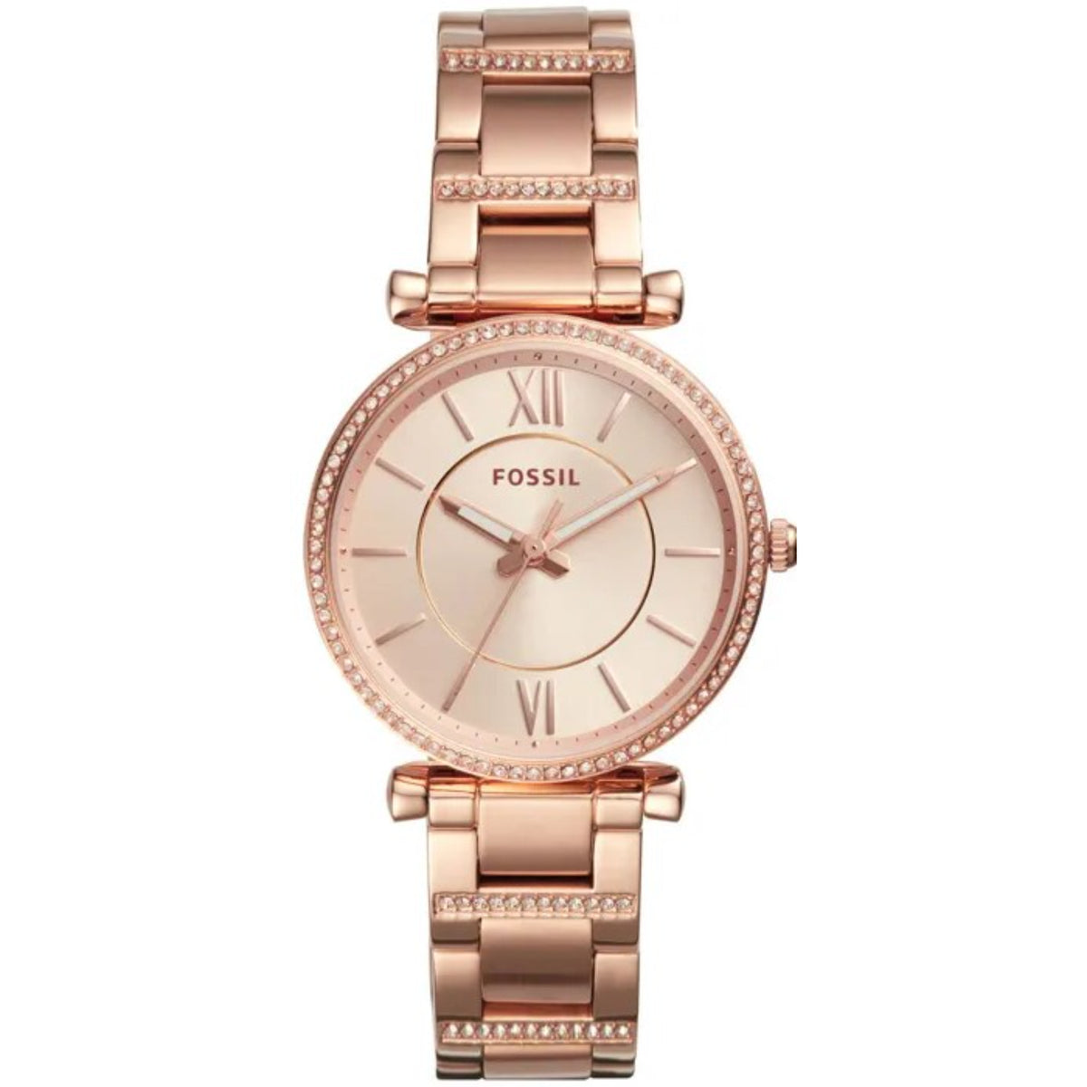 Fossil Carlie ES4301 front view showing rose gold dial with steel bracelet and crystal bezel