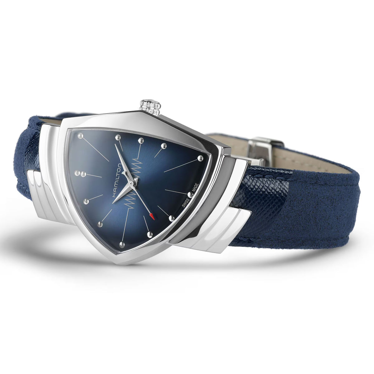 Hamilton H24411942 deep blue dial with triangular case and Alcantara strap close-up