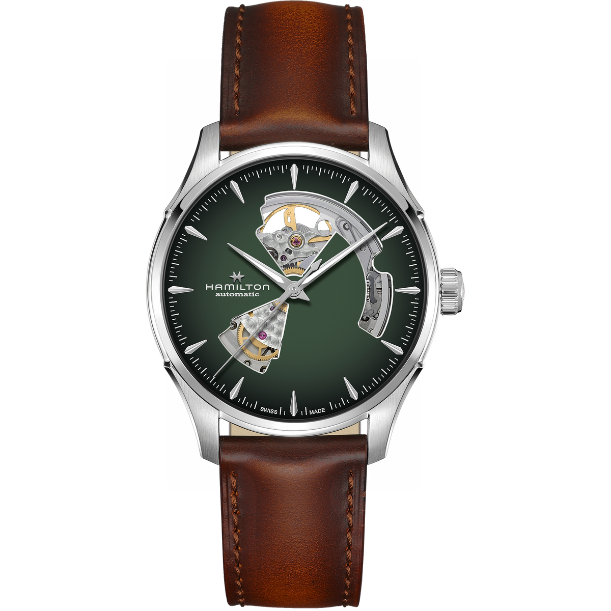 Hamilton Jazzmaster 40mm Open Heart smoked green dial brown leather automatic watch H32675560 front view