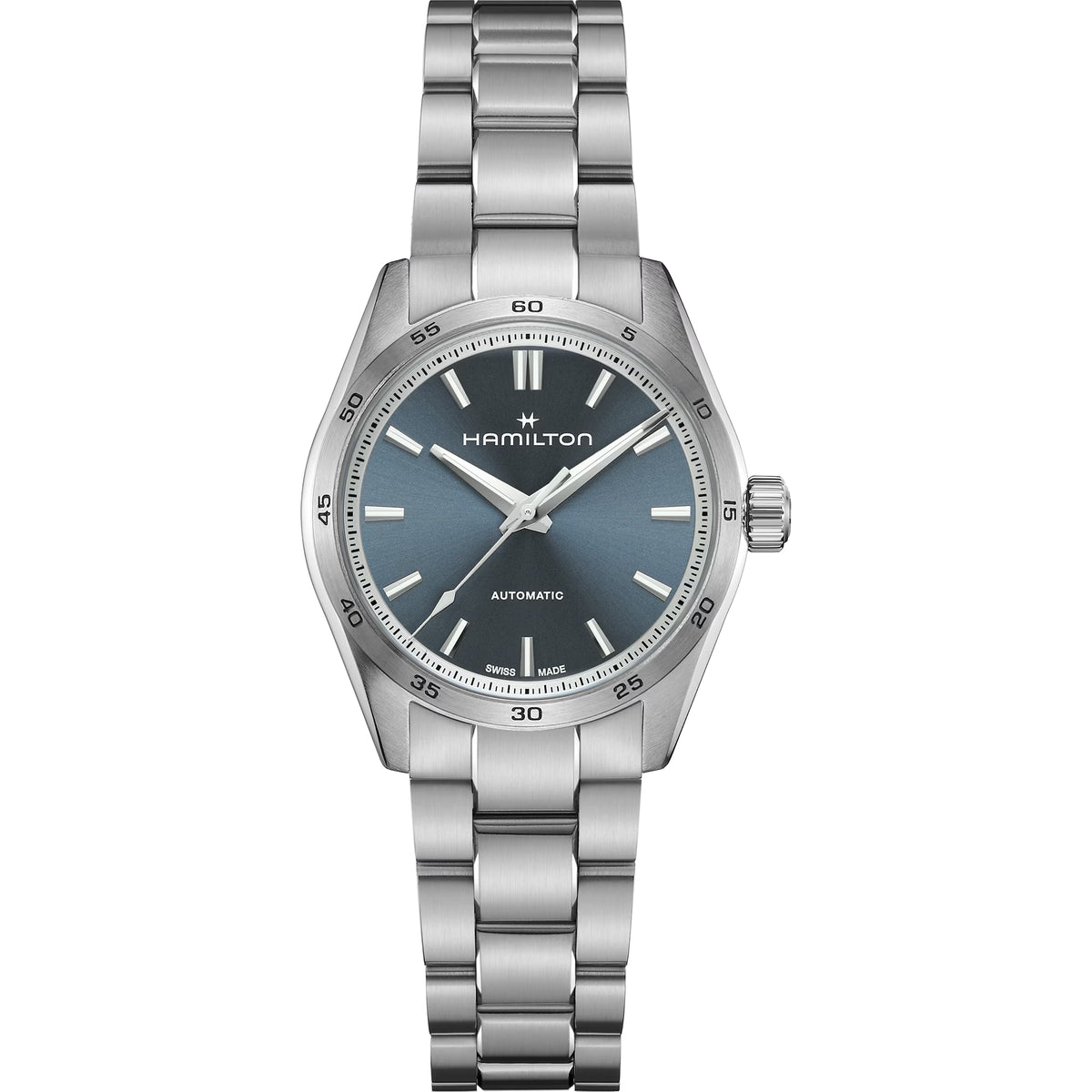 Stainless steel automatic ladies watch with blue dial and metal bracelet