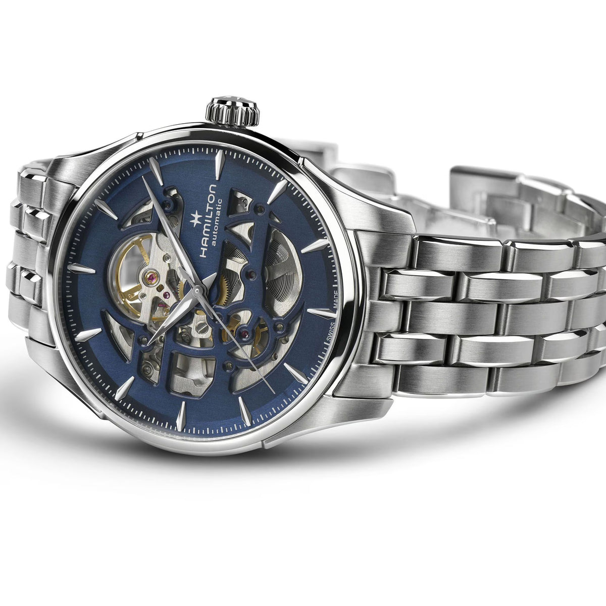 Hamilton Jazzmaster 40mm Skeleton watch with a blue cut-out dial and stainless steel bracelet