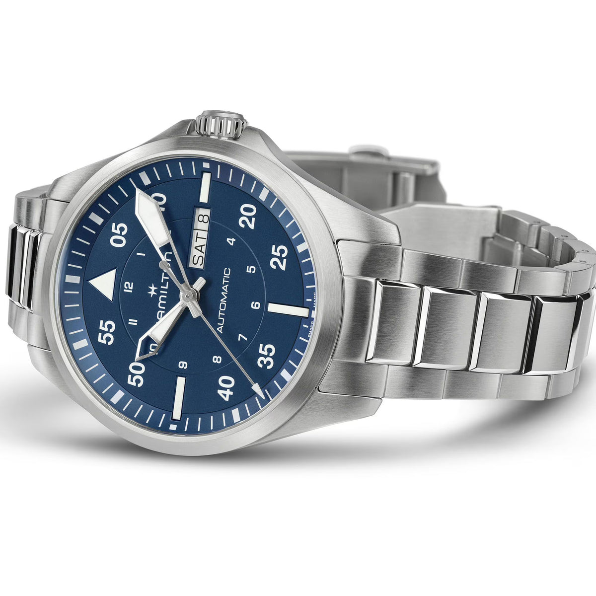 Hamilton H64635140 deep blue dial with day-date window at and Arabic numerals close-up