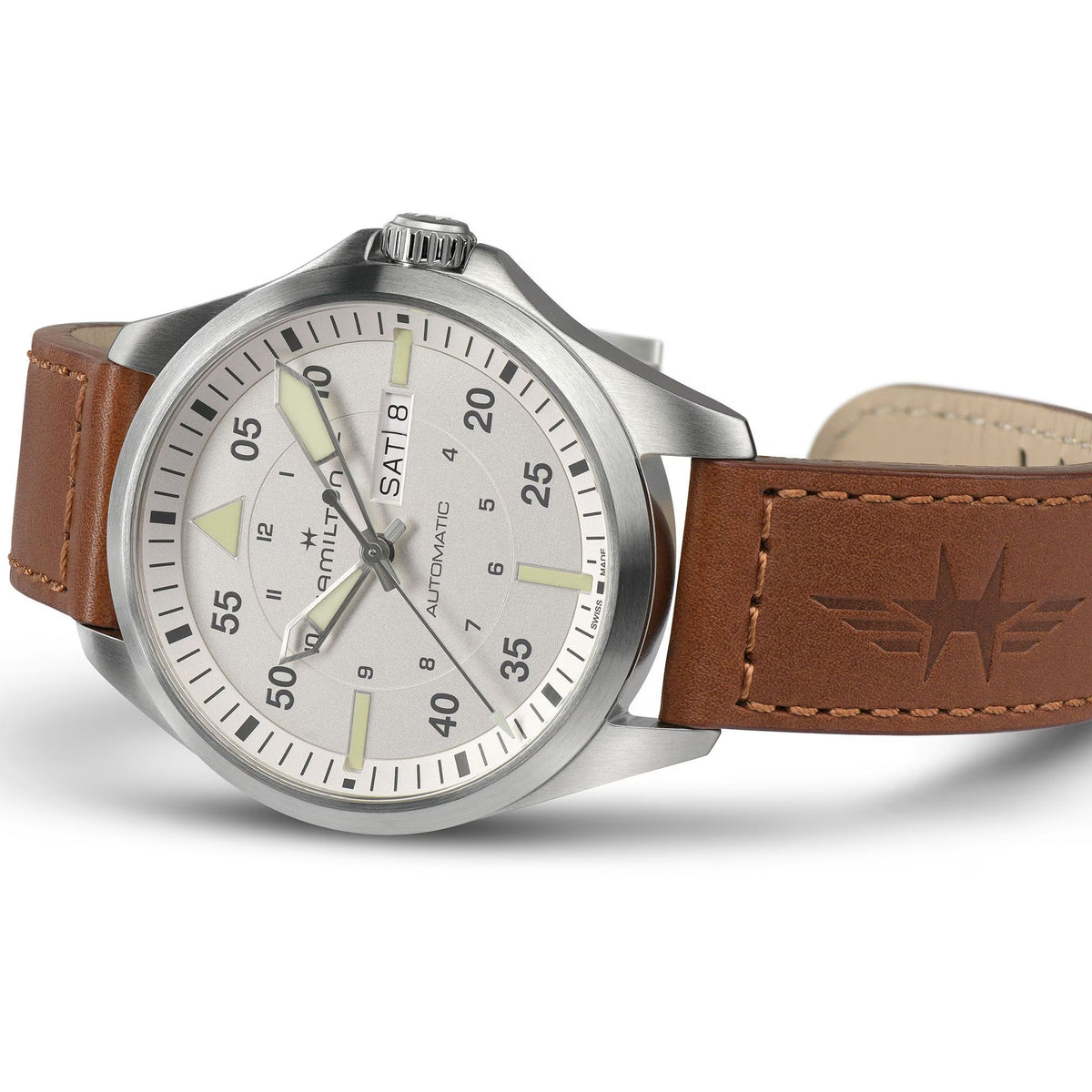 Hamilton Khaki Aviation silver dial leather automatic watch H64635550 front view
