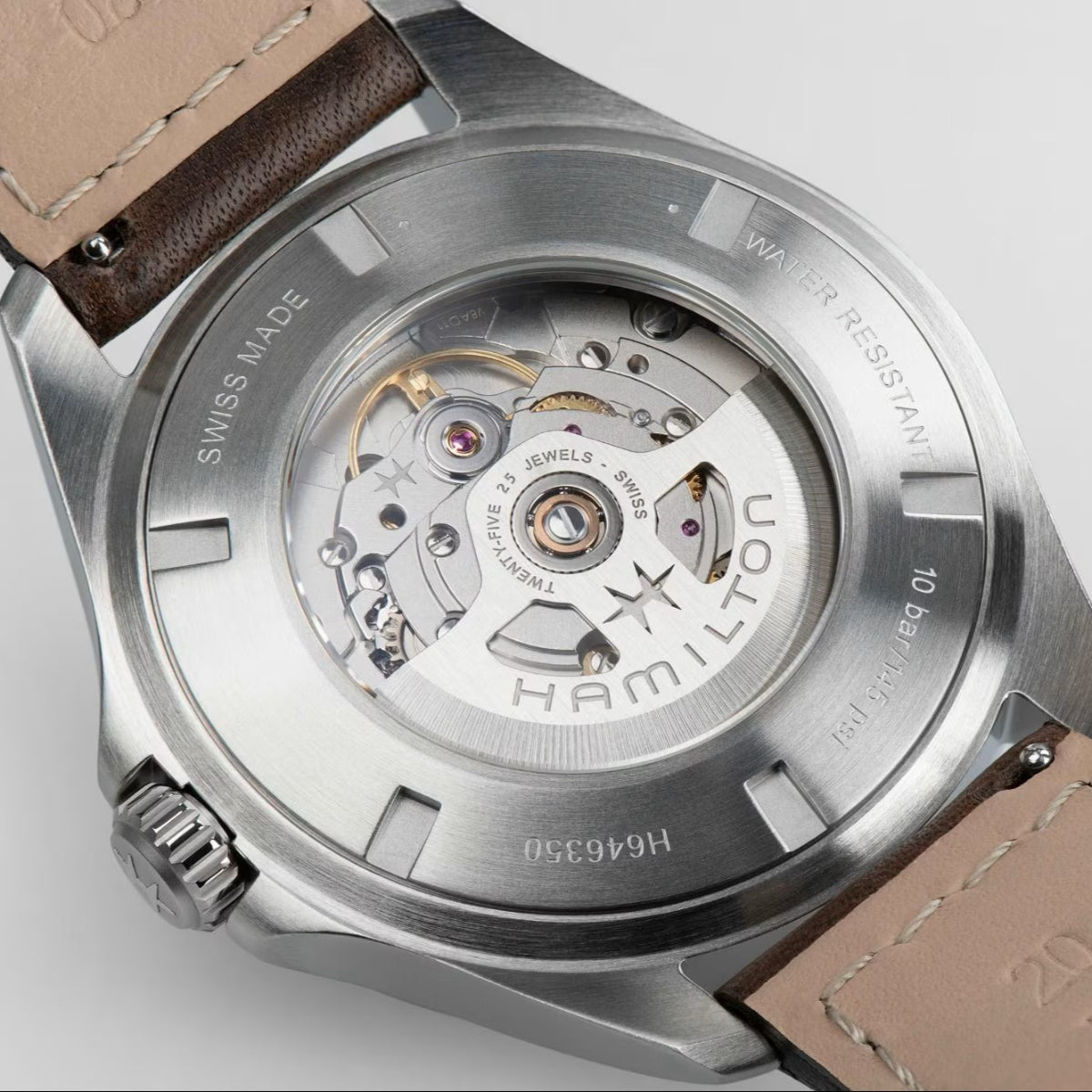 Hamilton Khaki Aviation H64635560 automatic watch close-up back view showing transparent case back and internal automatic movement