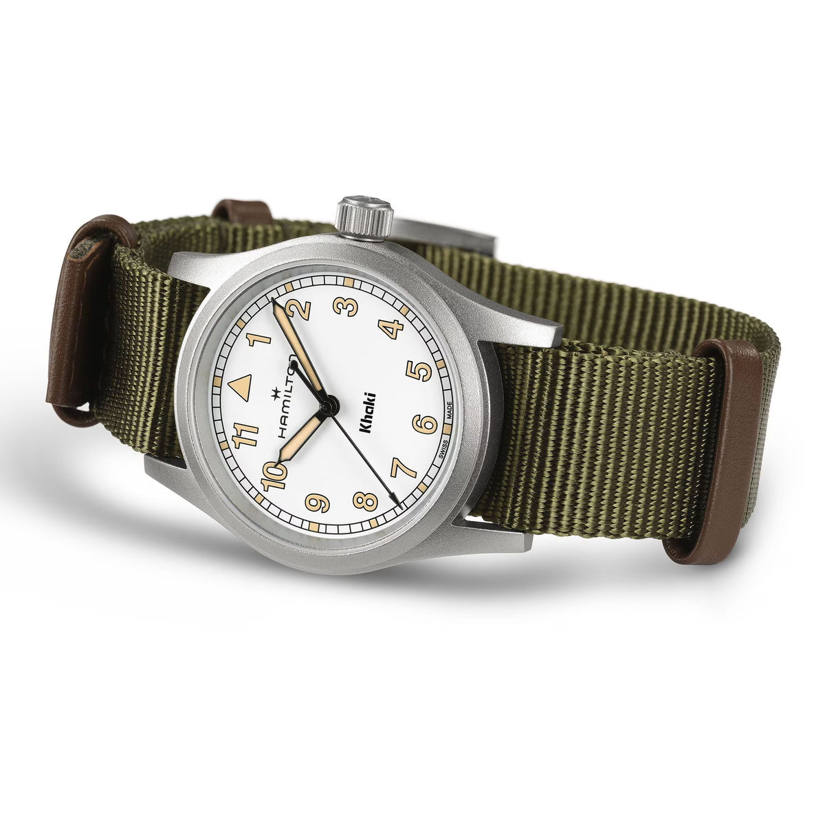 Hamilton Khaki Field 33mm white dial green NATO quartz watch on white background