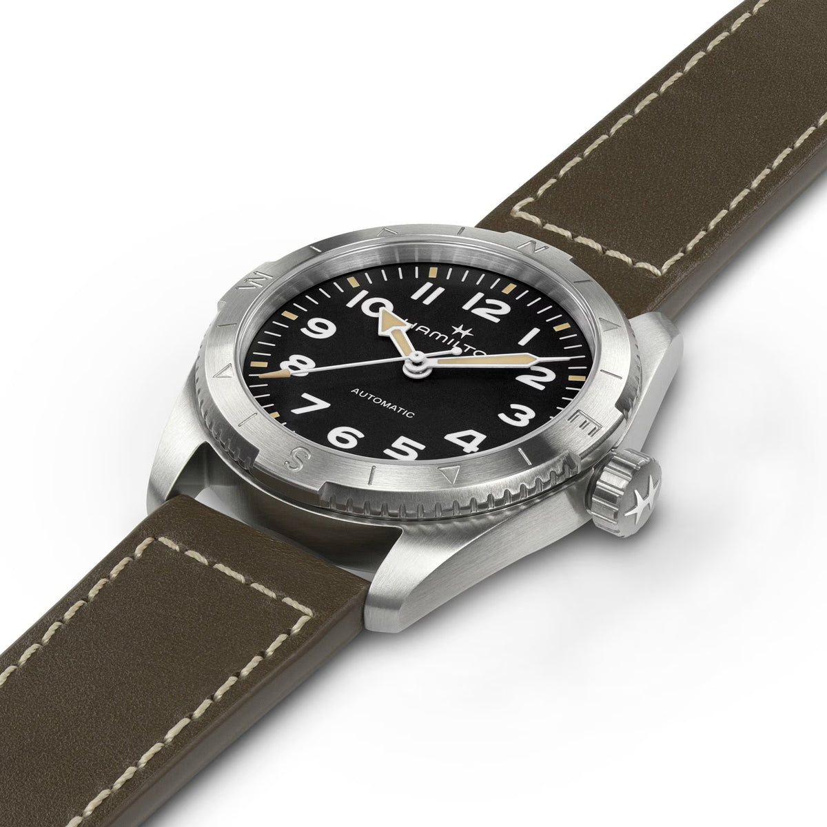 Hamilton field watch with black dial, lumed markers, khaki leather strap, steel case