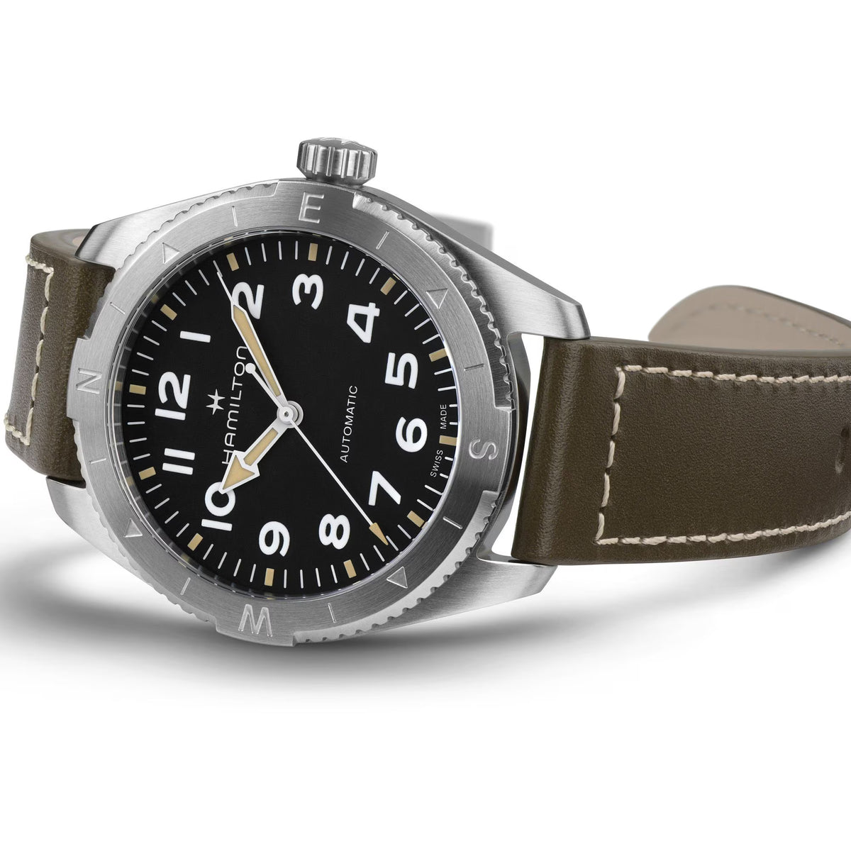 Men's automatic wristwatch front view: black dial with steel case and brown leather strap.